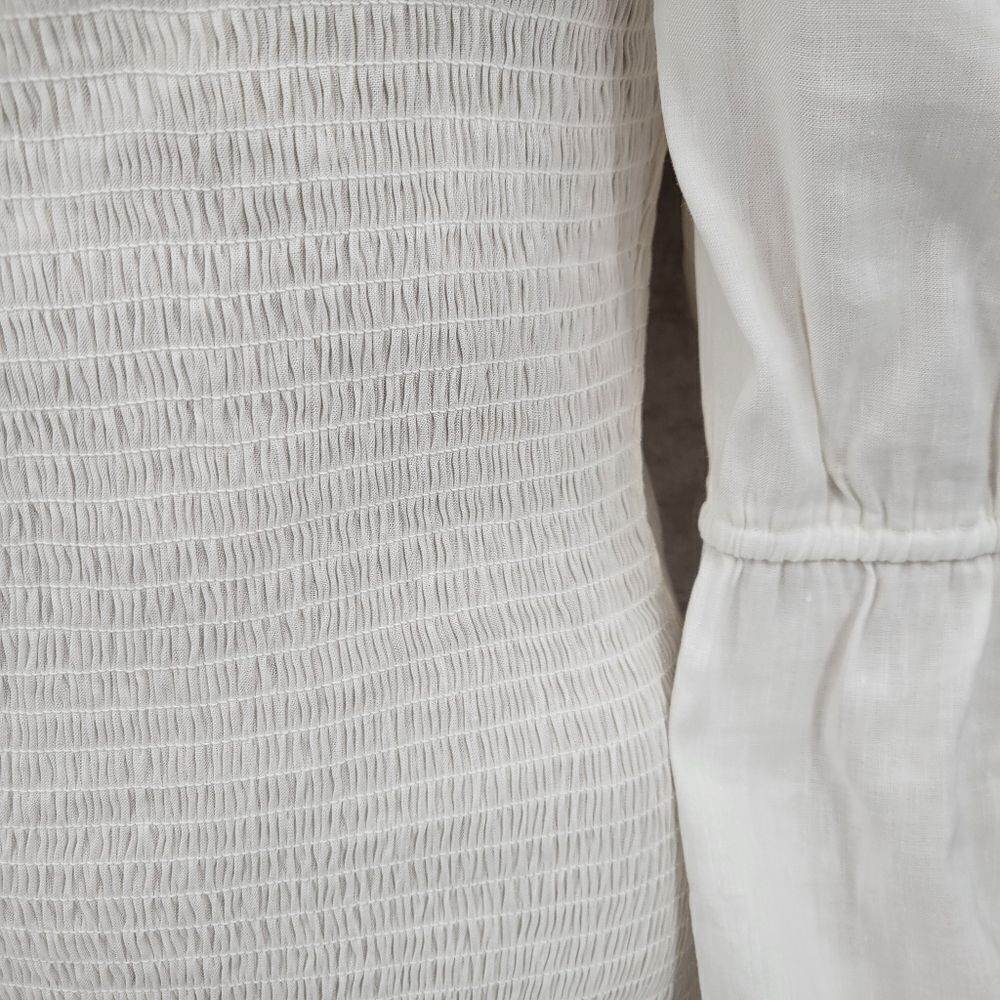Gianni Bini Tally Smocked Linen Blend White Puff Long Sleeve Dress Large NEW - Picture 7 of 16